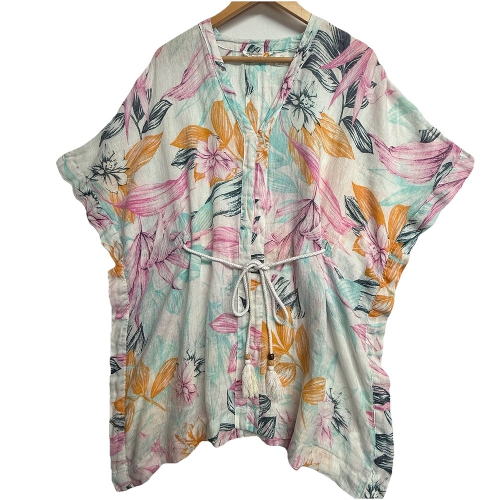 C&C California 100% Linen Floral  Tunic Top Women's S Oversized Boho Beach Cover